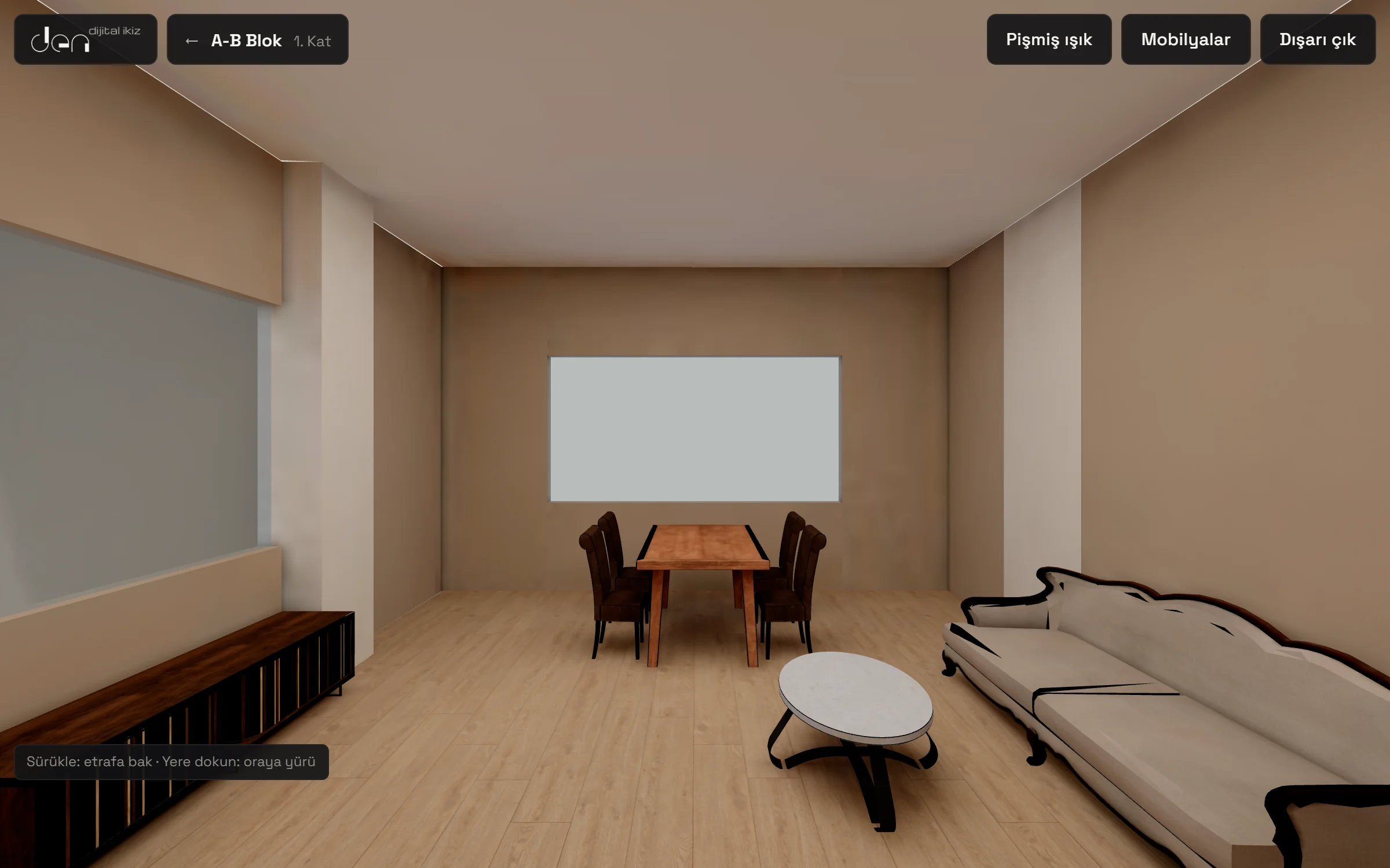 Walk-through inside a unit: a living room with parquet floor, dining table, sofa and coffee table; Baked light, Furniture and Go outside buttons at the top.
